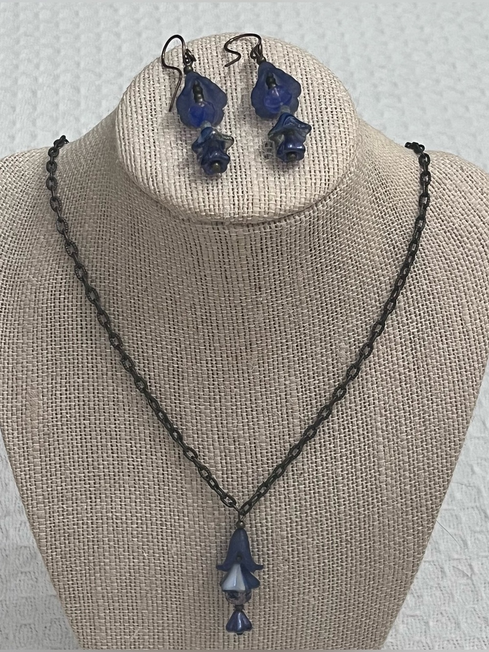 Handmade Blue Bell Flower Necklace & Earrings Set